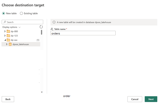 Page de configuration de la destination des données