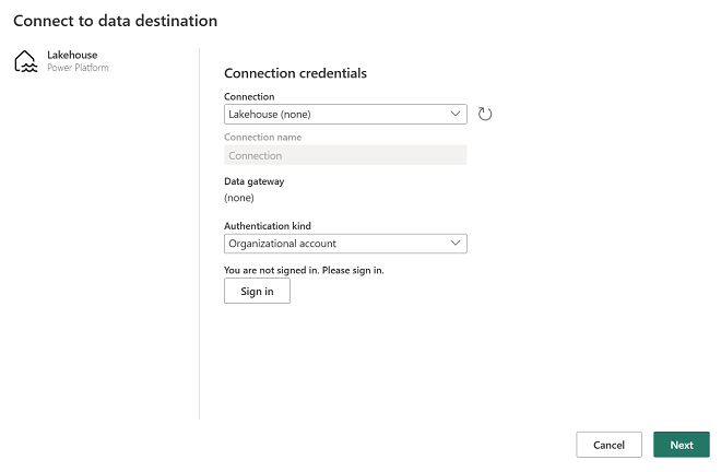 Page de configuration de la destination des données