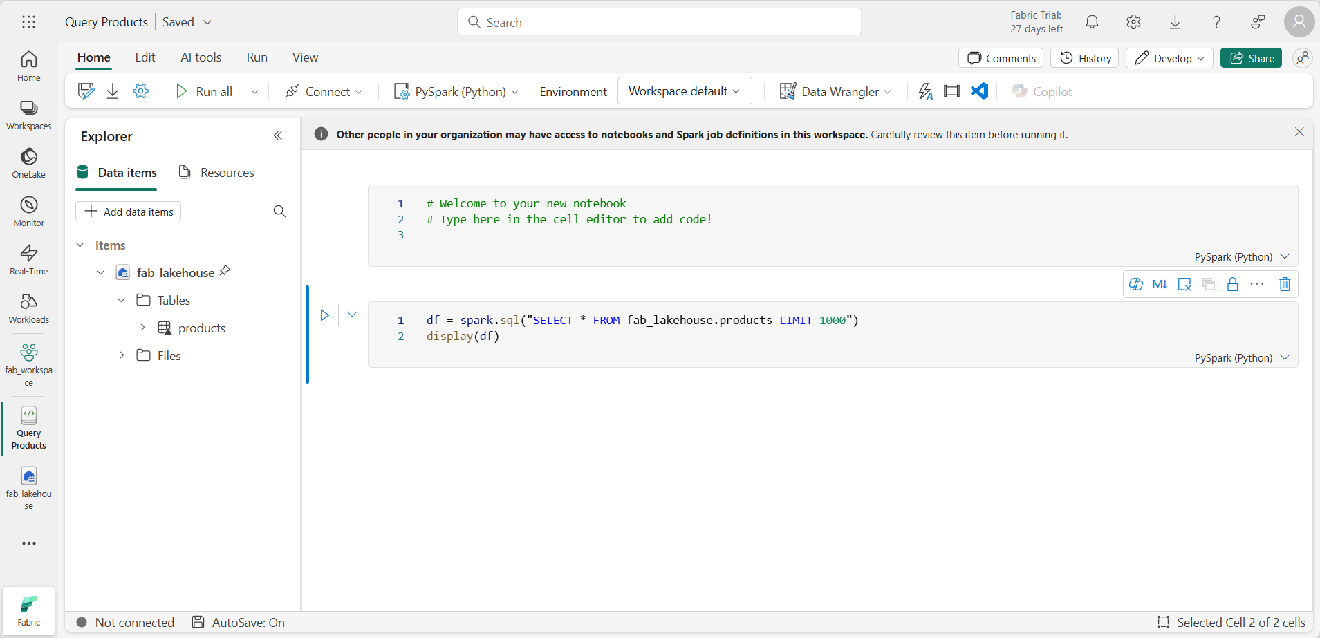Capture d’écran d’un notebook avec du code pour interroger une table.