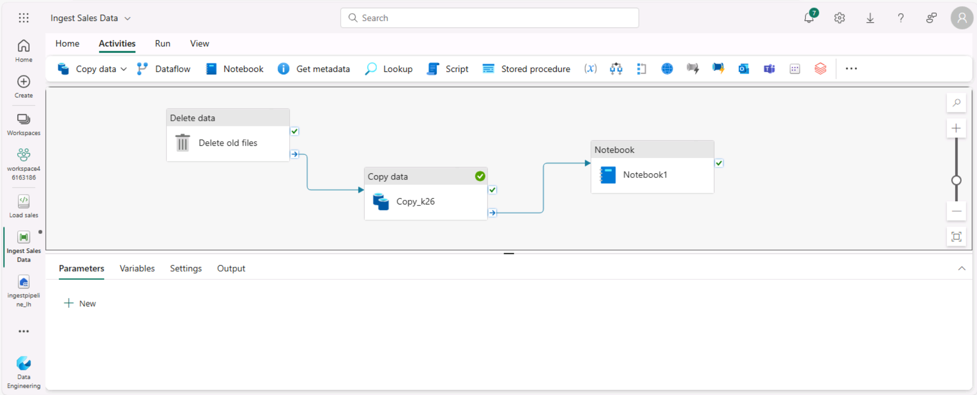 Capture d’écran d’un pipeline avec les activités Copier des données et Notebook.