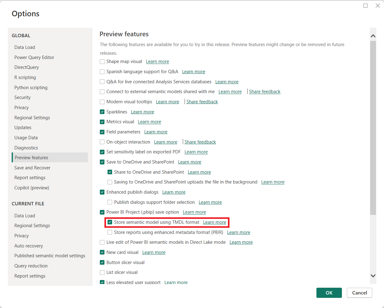 Capture d’écran des options disponibles dans la catégorie Fonctionnalités en version préliminaire.