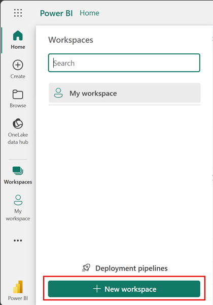 Capture d’écran du volet Espaces de travail avec le bouton + Créer un espace de travail mis en évidence.