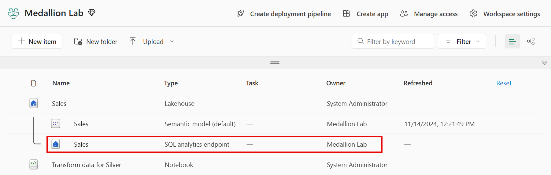 Capture d’écran du point de terminaison SQL dans un lakehouse.