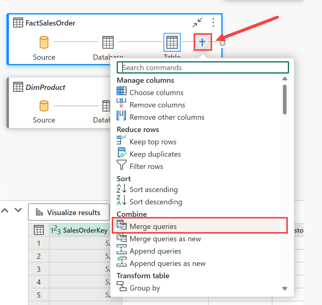 Capture d’écran du canevas avec la table FactSalesOrder sélectionnée.