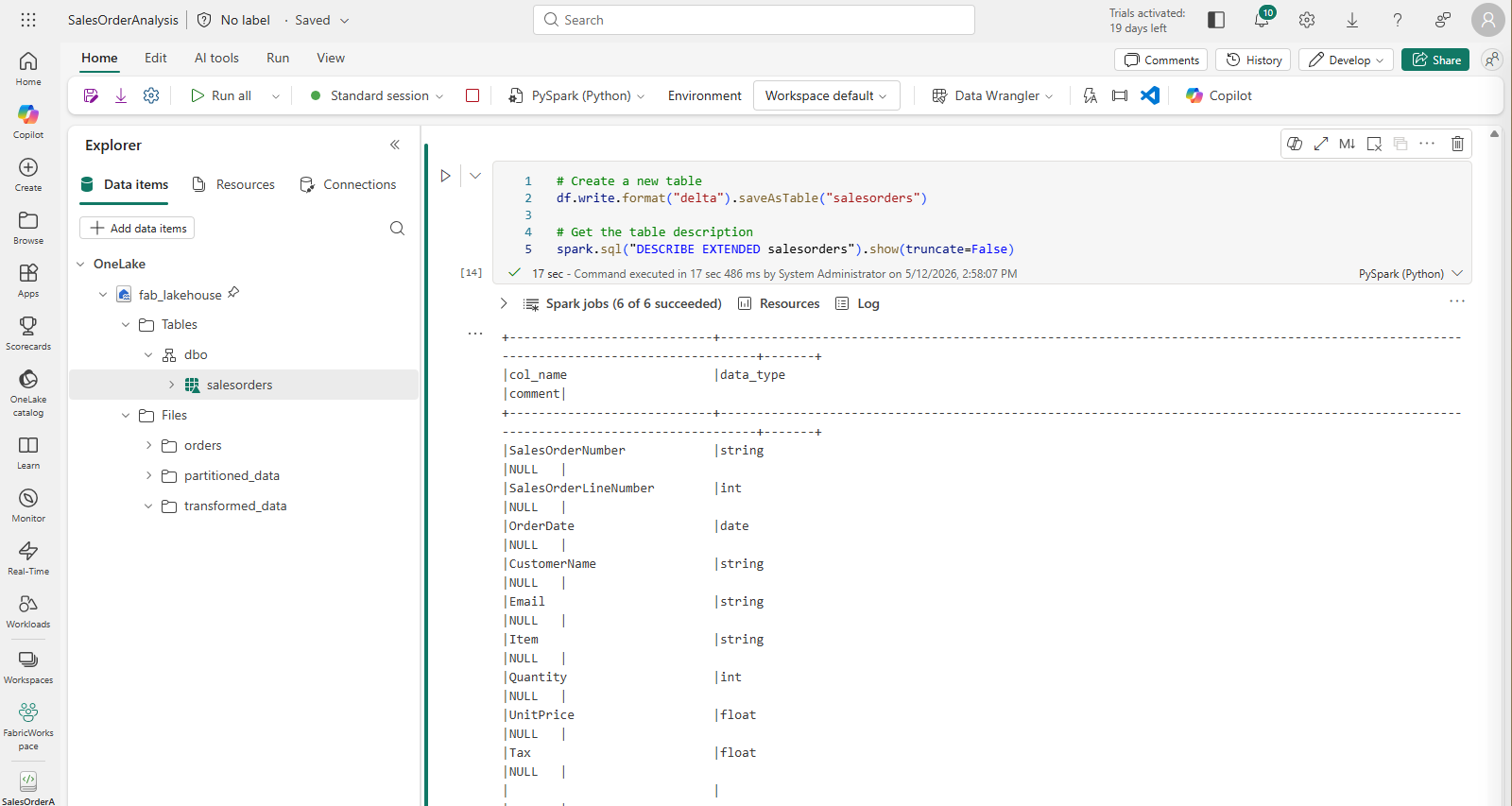 salesorders テーブルが作成されたことを示す画面画像。