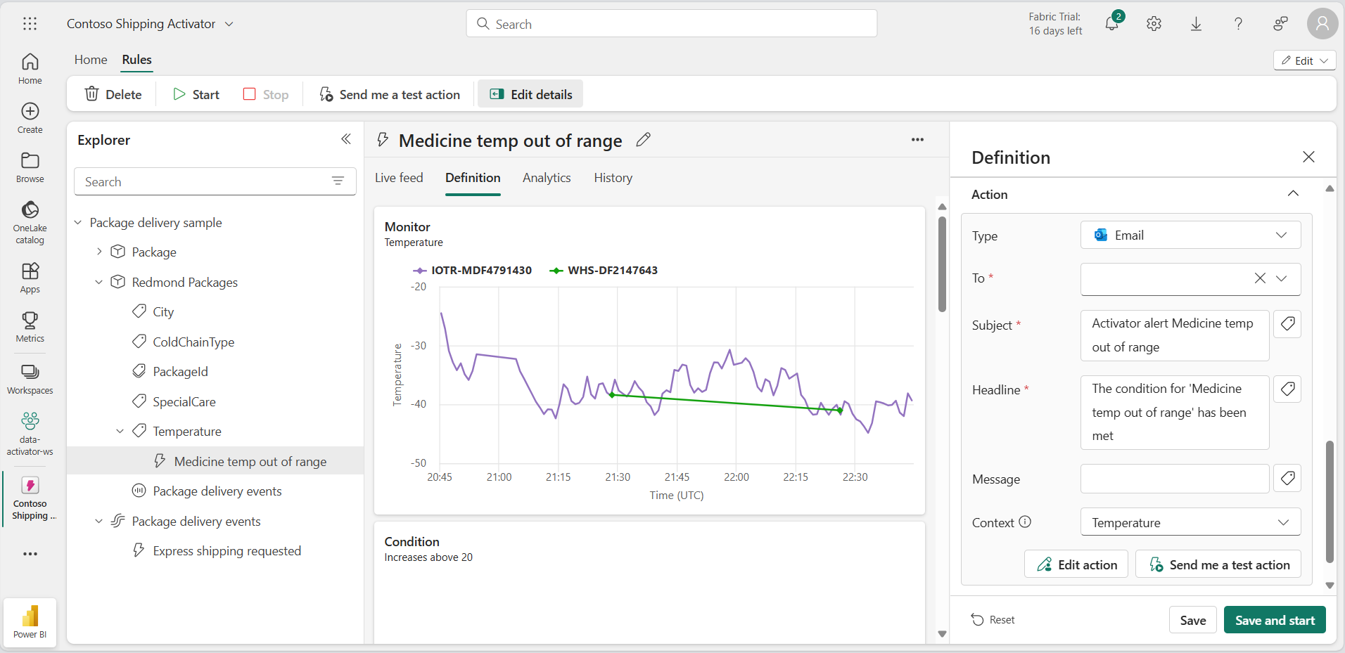 Activator の定義アクションのスクリーンショット。