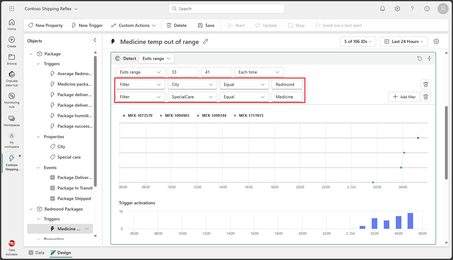 Data Activator Reflex デザインの [フィルターの追加] のスクリーンショット。