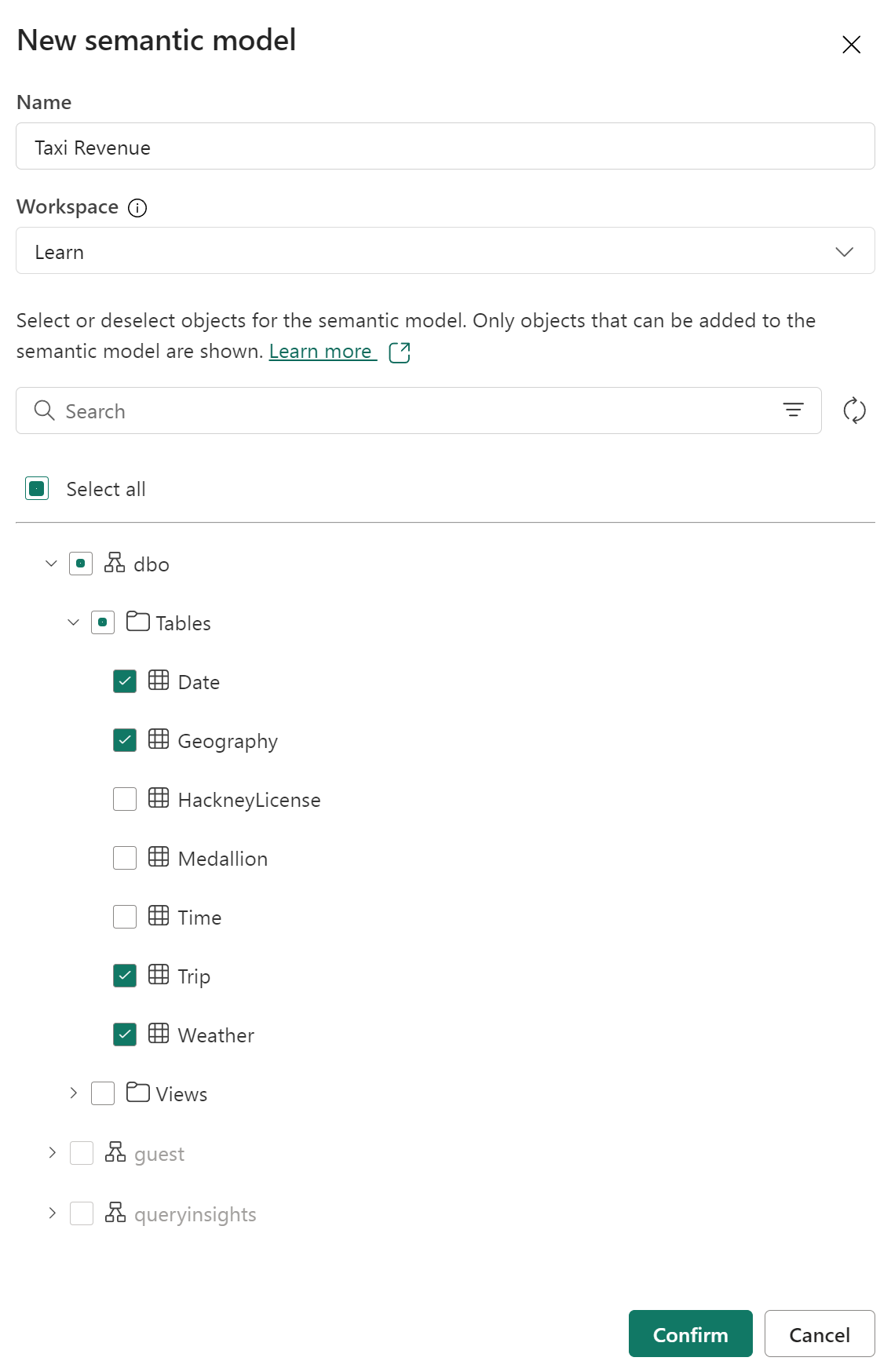 4 つのテーブルが選択された [New semantic model] (新しいセマンティック モデル) インターフェイスのスクリーンショット