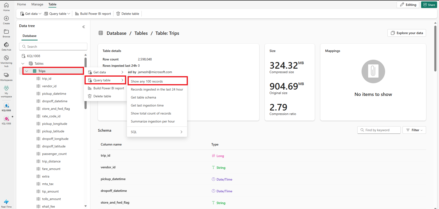 RawServerMetrics テーブルから上位 100 個のファイルを選択している画像