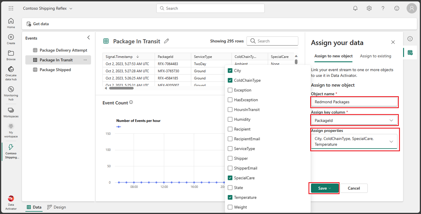 Data Activator 리플렉스 데이터 모드의 데이터 할당 대화 상자 스크린샷.