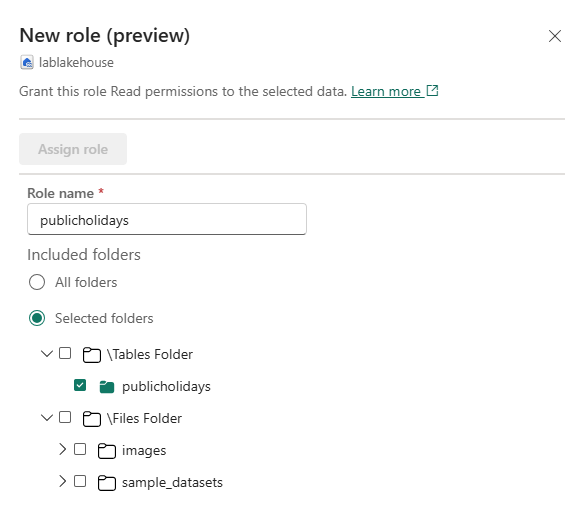 OneLake 데이터 액세스 관리 기능의 폴더 할당 스크린샷
