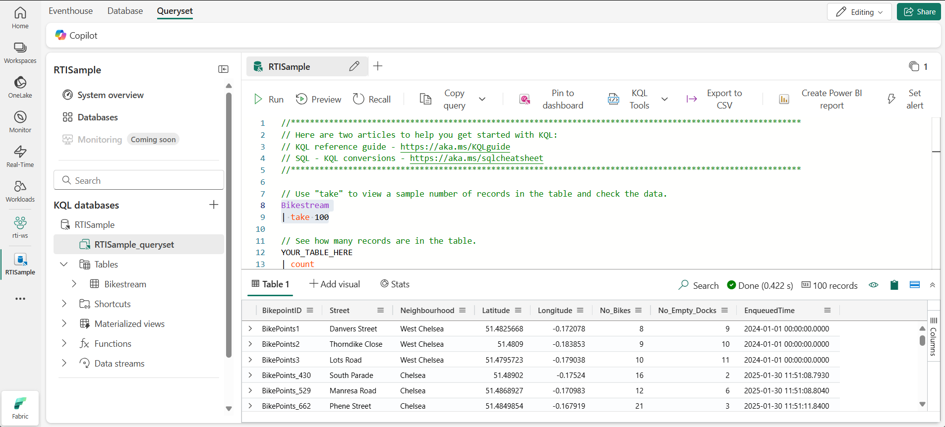 Captura de tela do editor de consultas KQL.