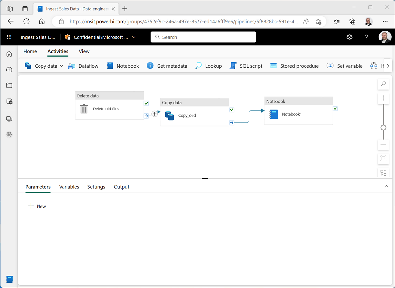 Captura de tela de um pipeline com as atividades Copiar Dados e Notebook.