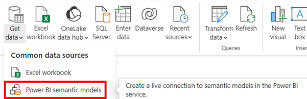 Captura de tela do conector do modelo semântico do Power BI na seção Obter dados.