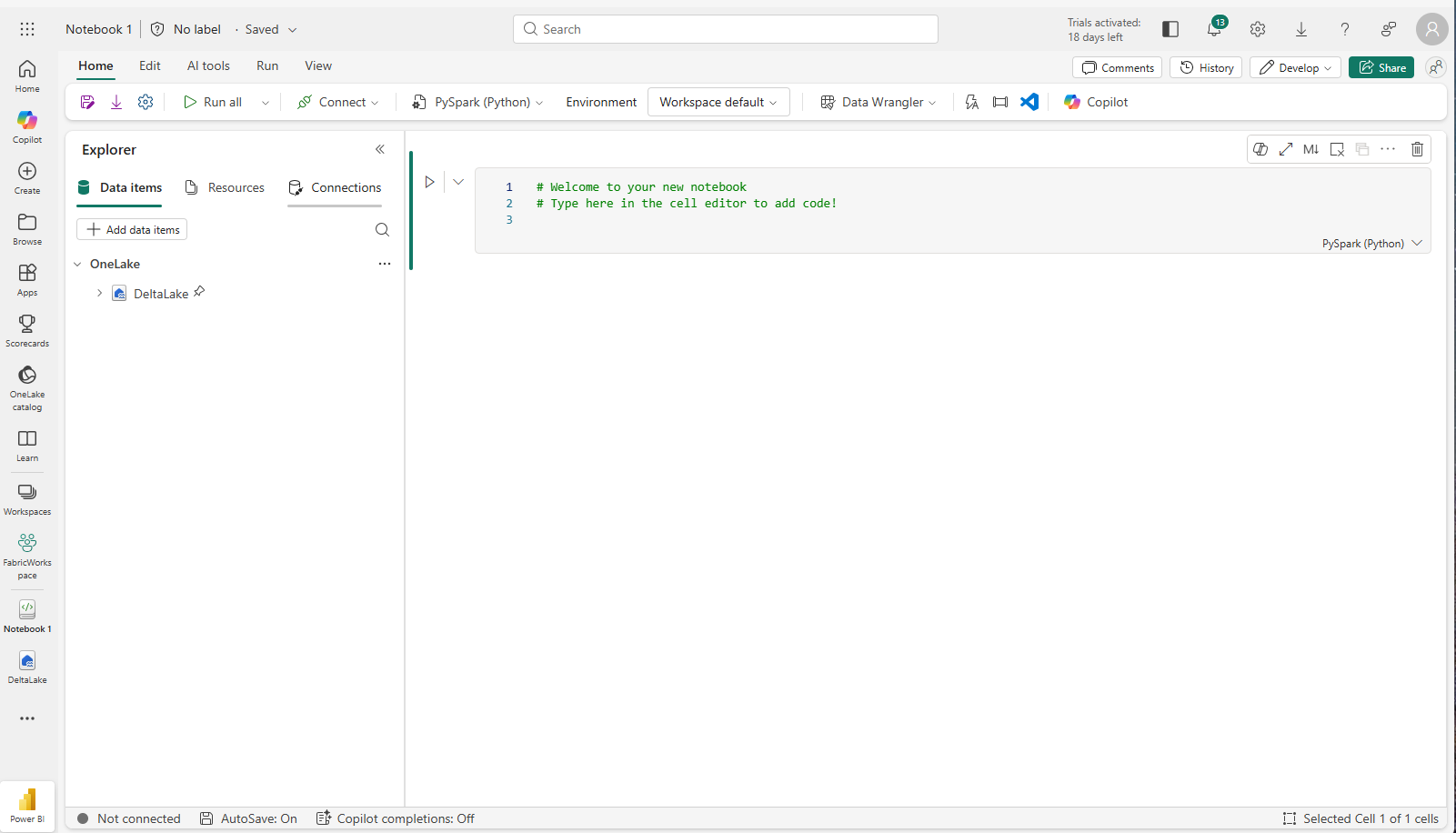 Screenshot of a new notebook.