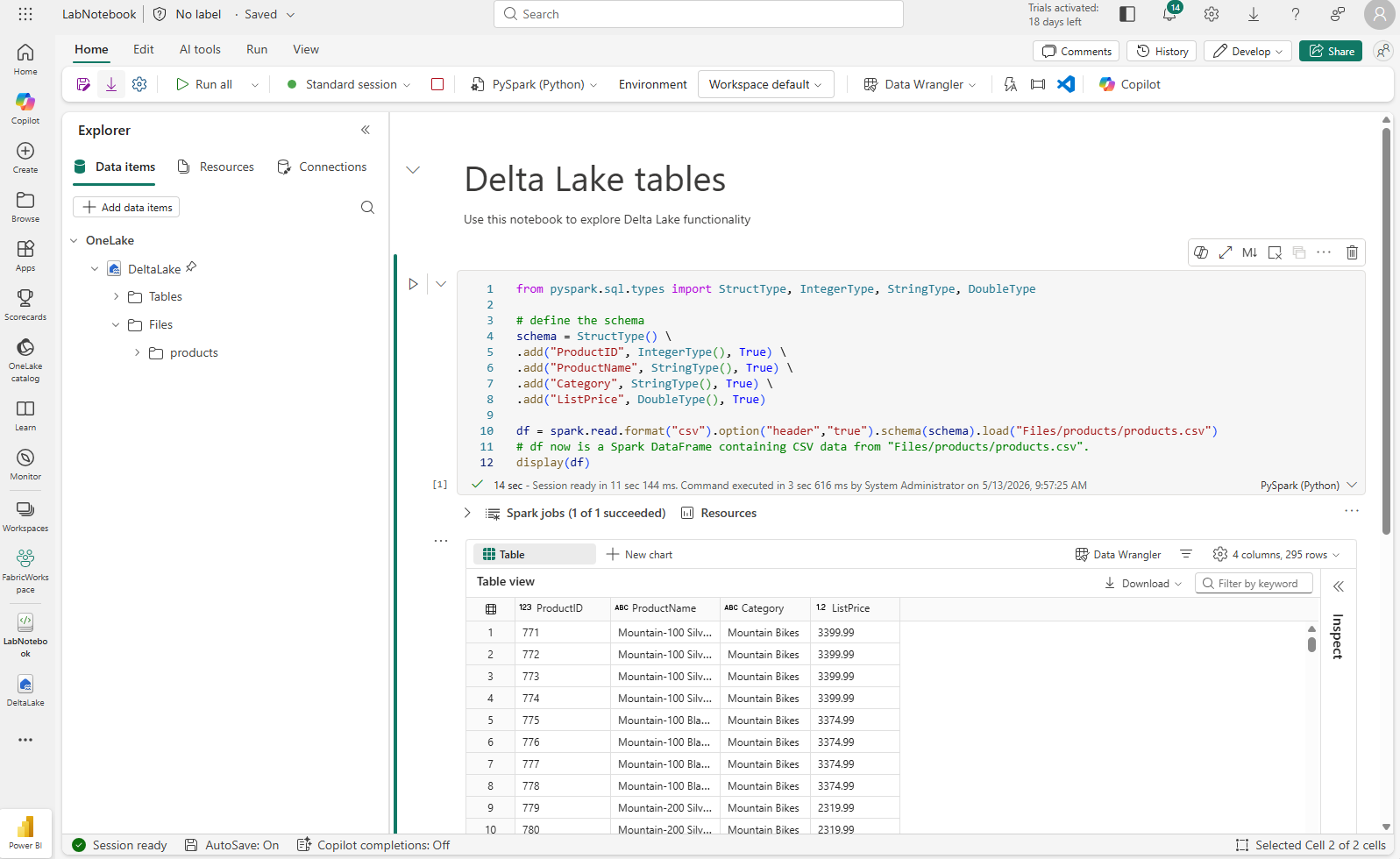 Screen picture of products.csv data.