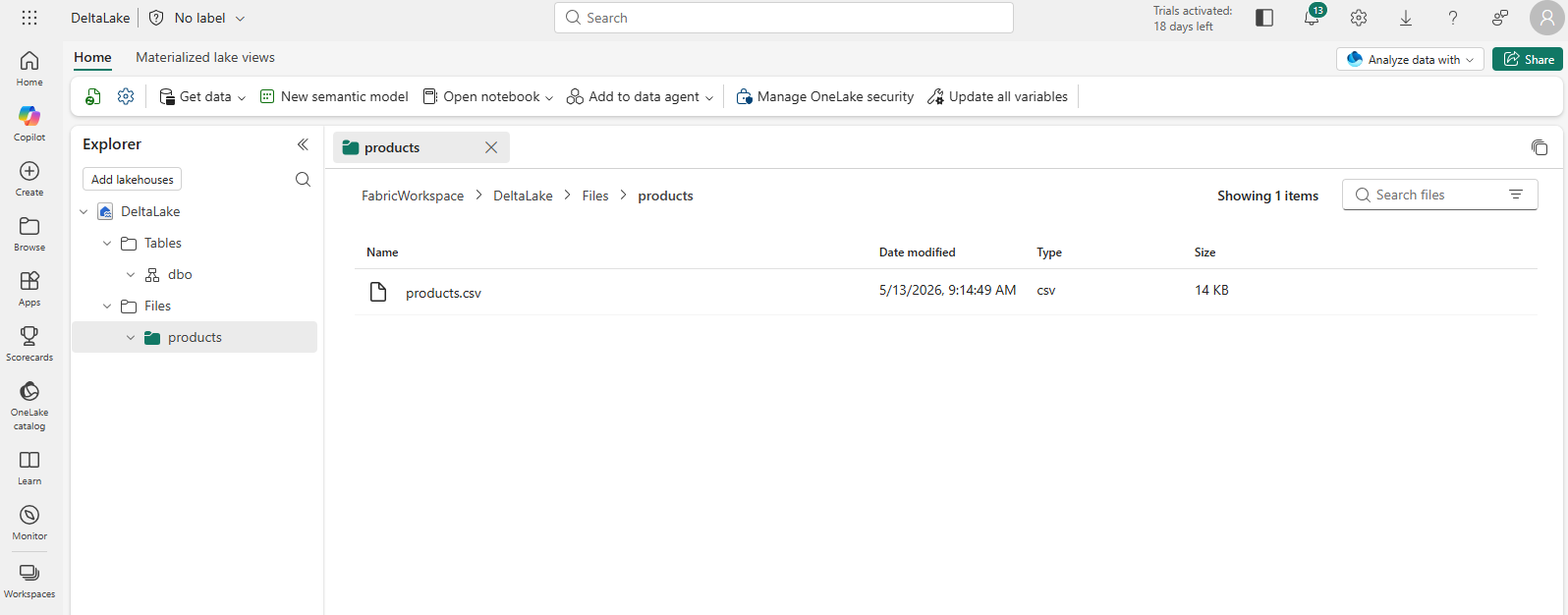 Screen picture of products.csv uploaded to the lakehouse.