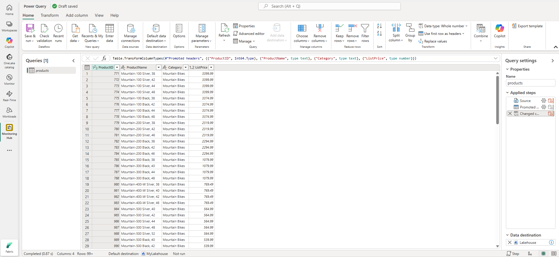 Screenshot of a dataflow query.