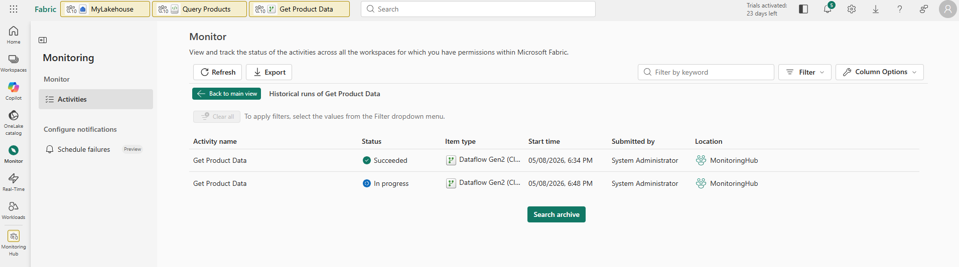 Screenshot of the monitoring hub historical runs view.