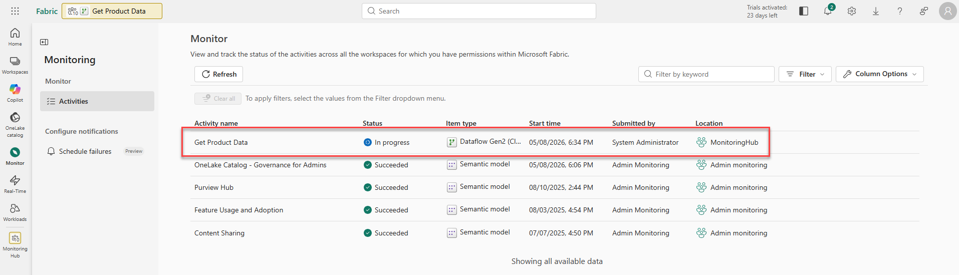 Screenshot of the monitoring hub with a dataflow in-progress.