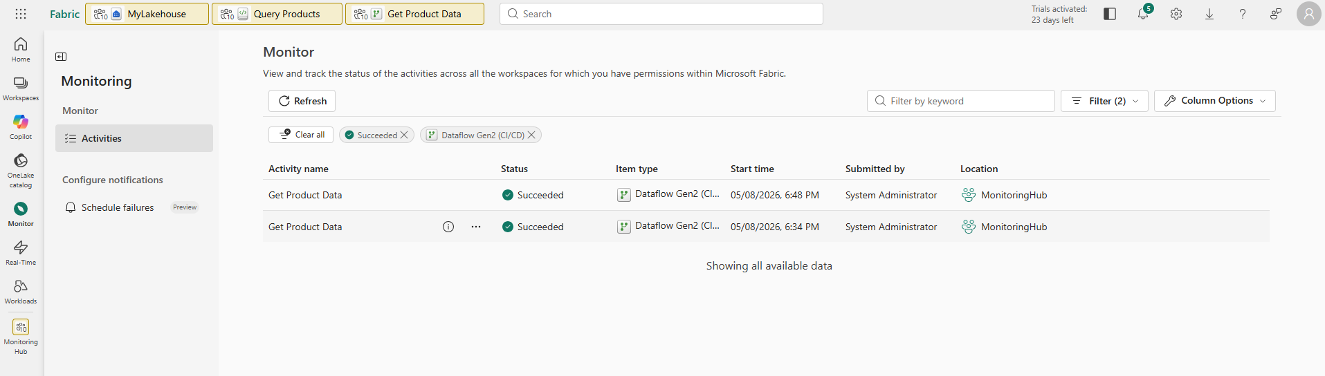 Screenshot of the monitoring hub with a filter applied.