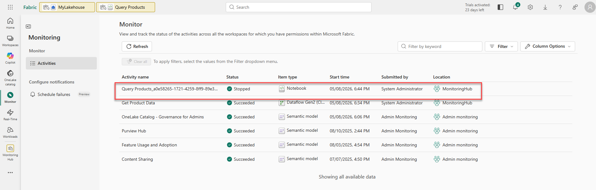 Screenshot of the monitoring hub with a notebook activity.