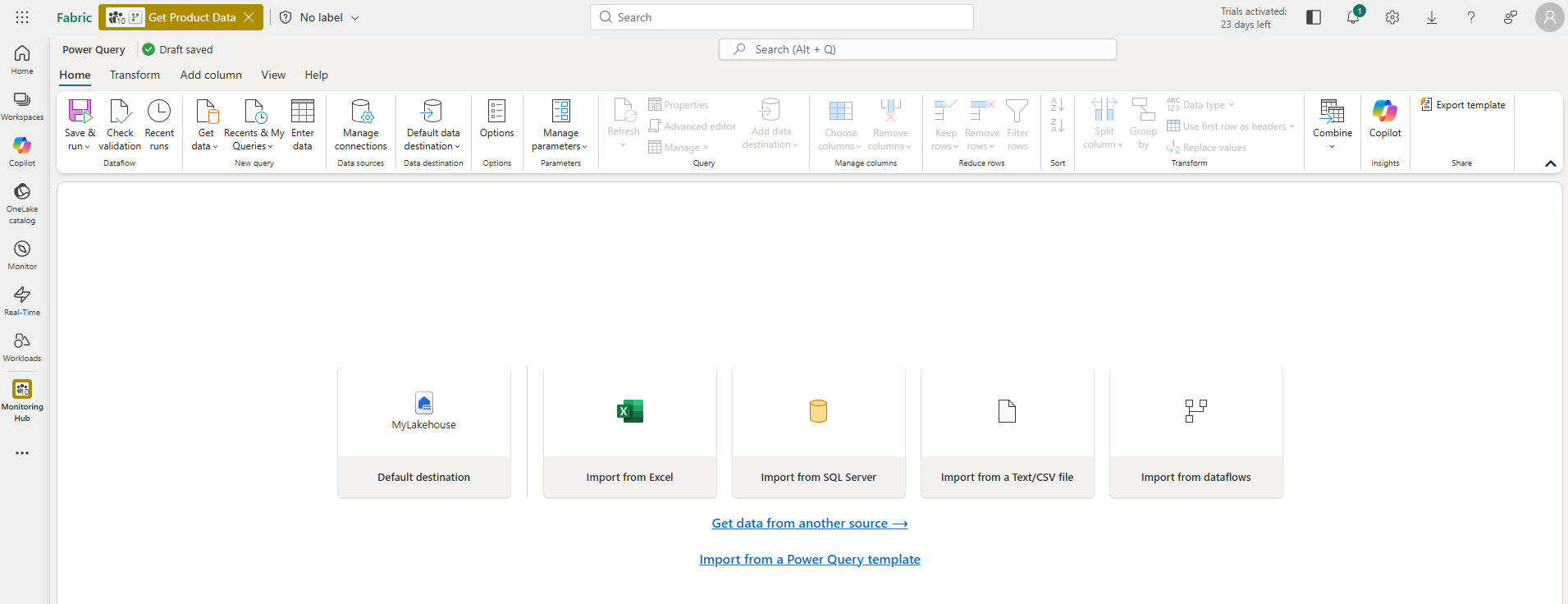 Screenshot of a new dataflow.