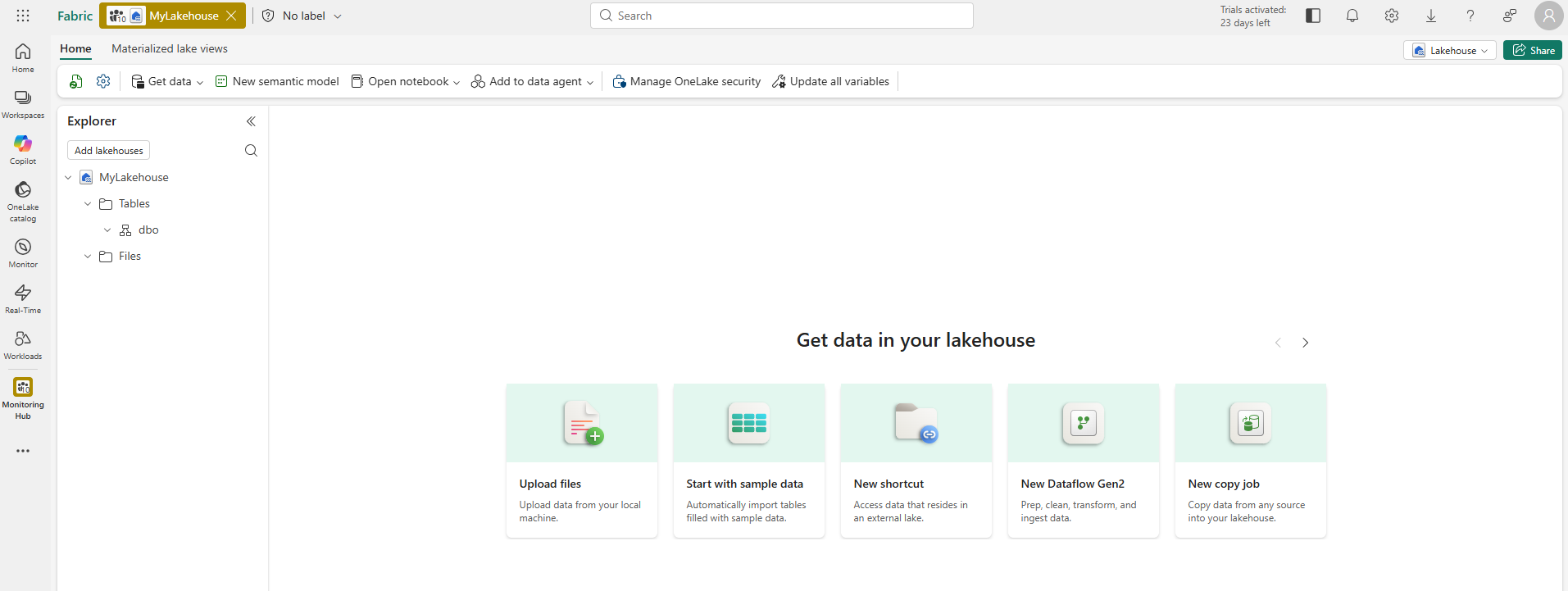 Screenshot of a new lakehouse.