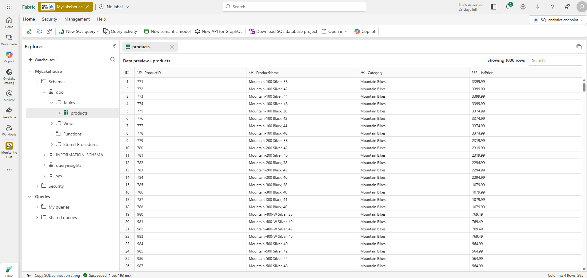 Screenshot of the products table in the lakehouse page.