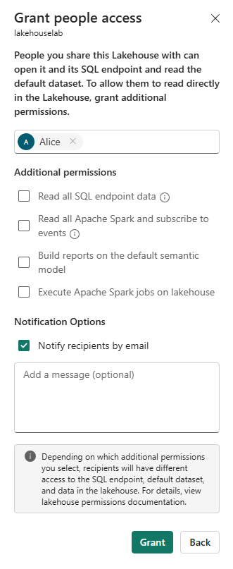 Screenshot of the Grant People Access window for a lakehouse with no permissions selected.