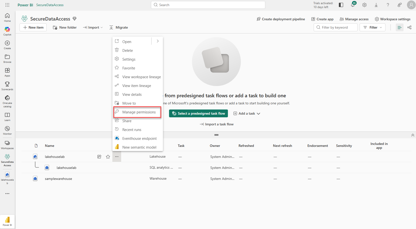 Screenshot of setting permissions on a lakehouse in Fabric.