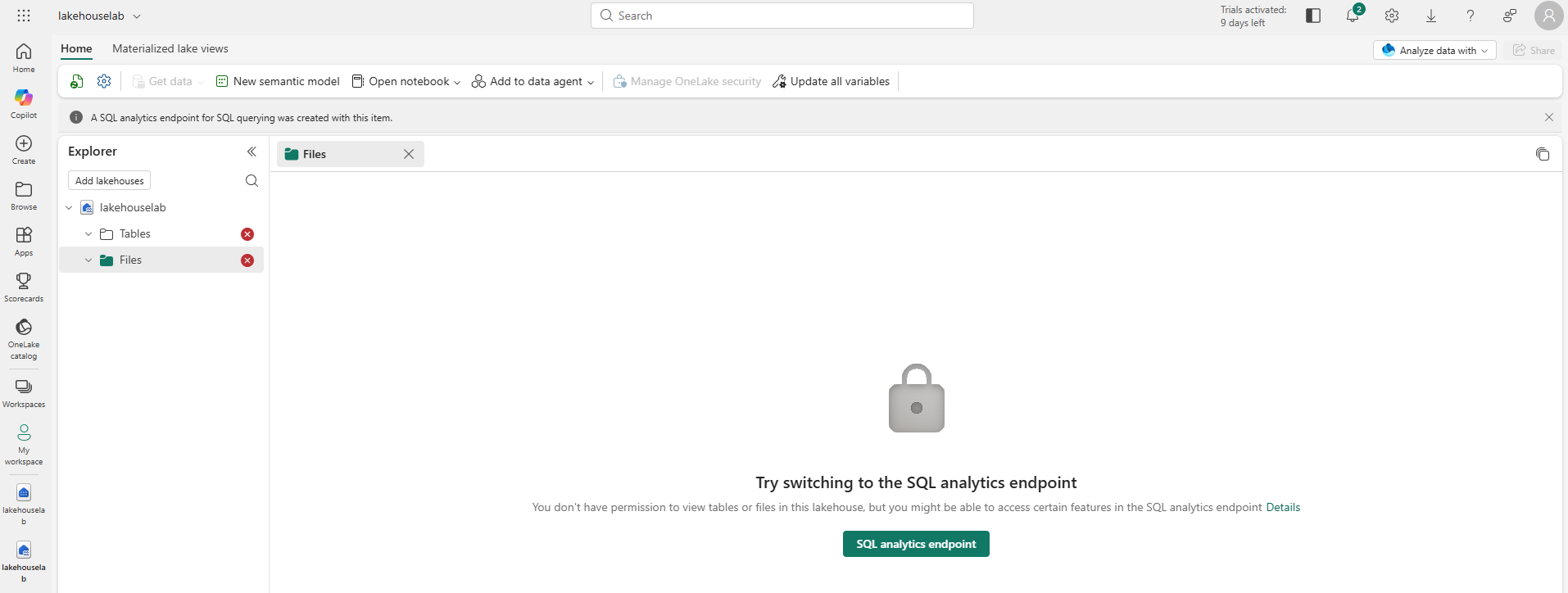 Screenshot of lakehouse unable to load data.