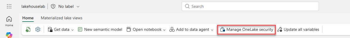Screenshot of a Fabric lakehouse Security tab showing the Manage OneLake security option.