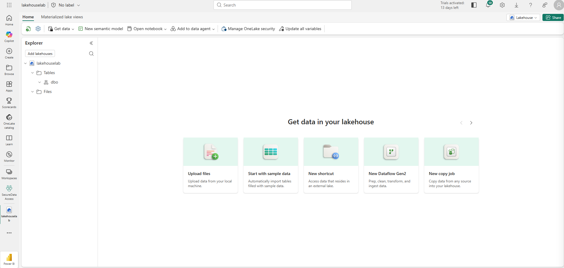 Screenshot of a new lakehouse in Fabric.