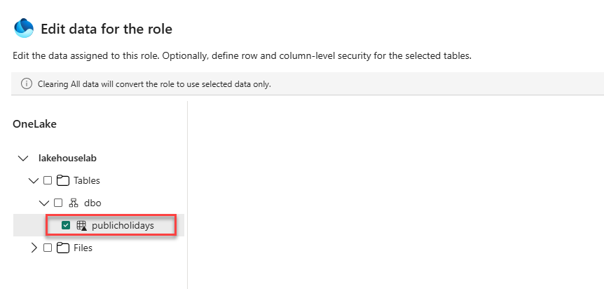 Screenshot of OneLake security role data browser with Tables expanded and publicholidays table selected