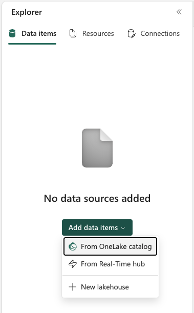 Screenshot of the Add data items menu in the notebook Explorer pane with From OneLake catalog highlighted.