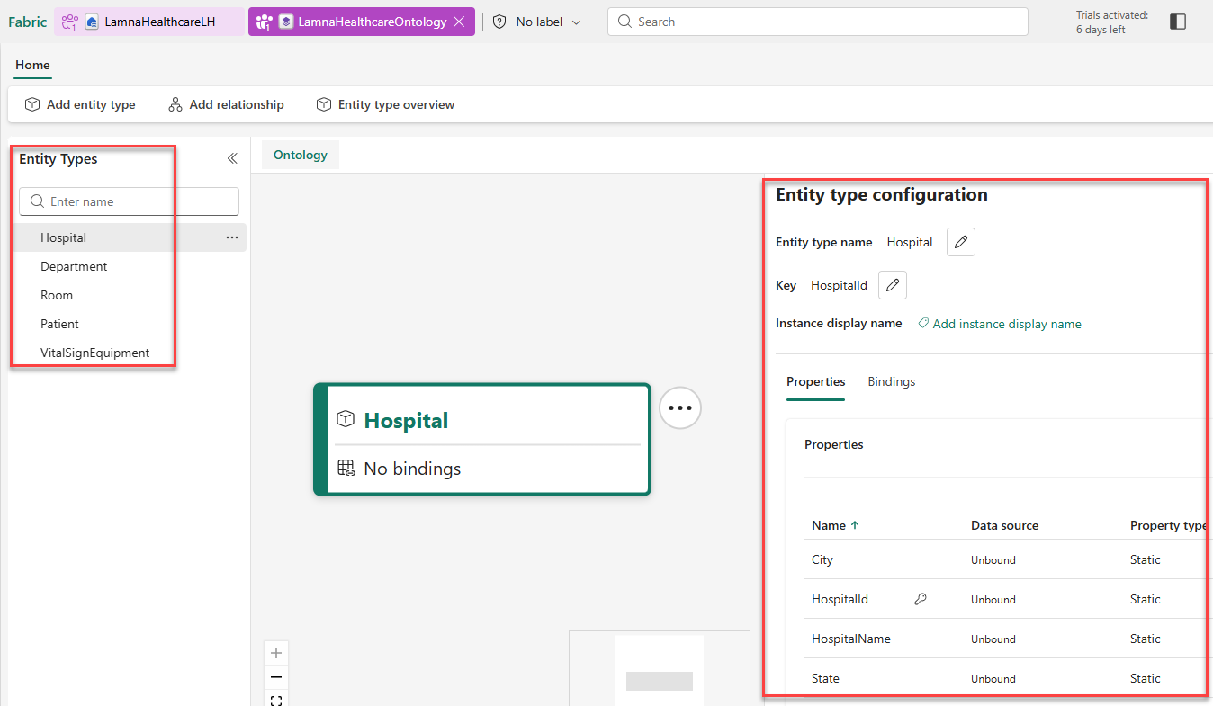 Screenshot showing Entity Types pane on left with five entity types listed: Hospital, Department, Room, Patient, VitalSignEquipment