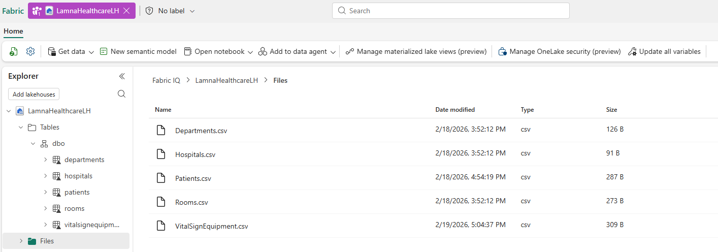 Screenshot showing lakehouse Tables section with five tables: hospitals, departments, rooms, patients, and vitalsignequipment