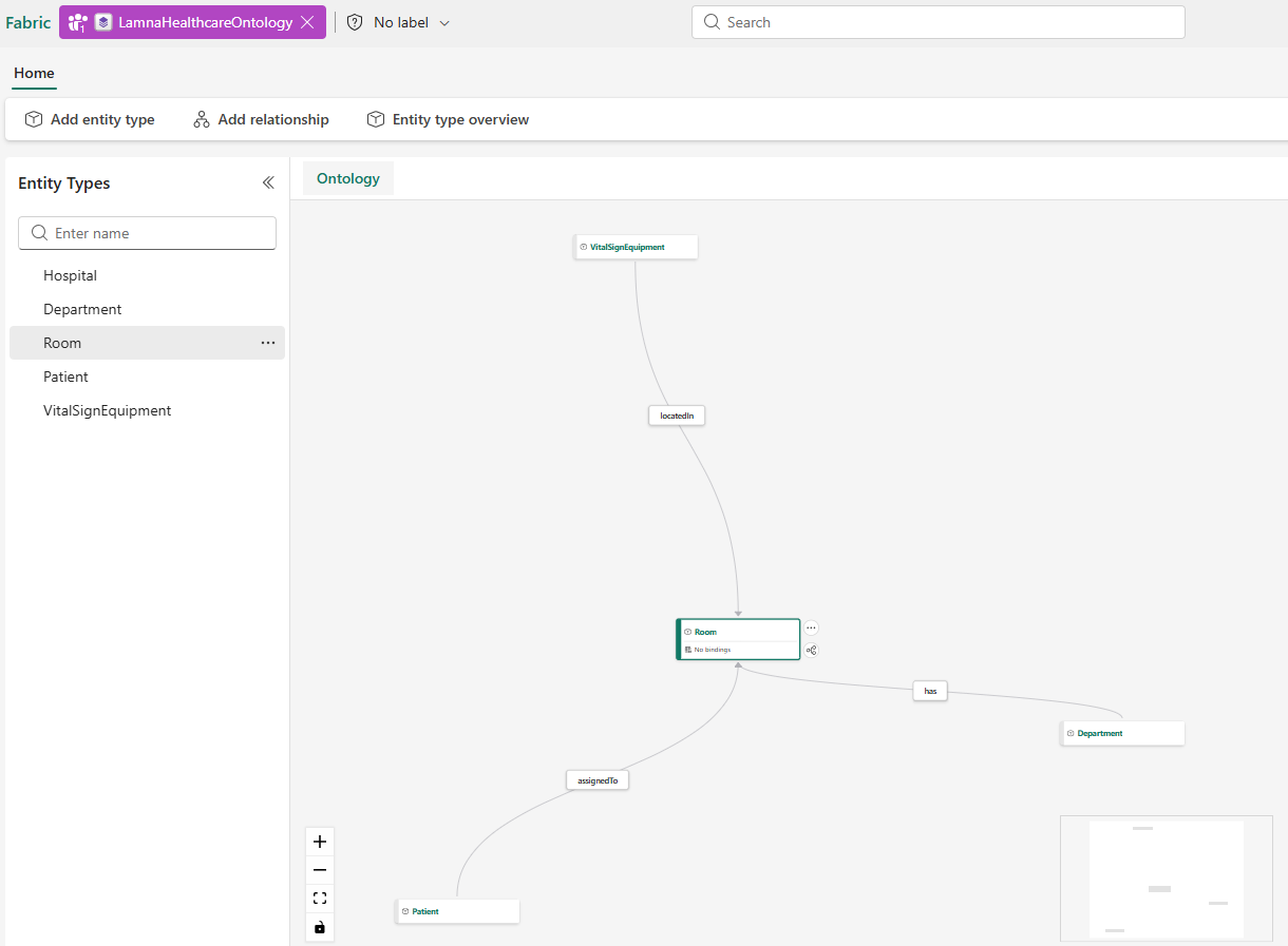 Screenshot showing ontology canvas with entity types and relationship connections