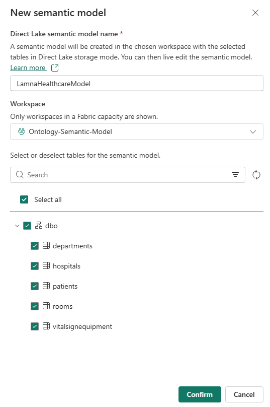 Screenshot showing the New semantic model dialog with the model name entered and five tables selected