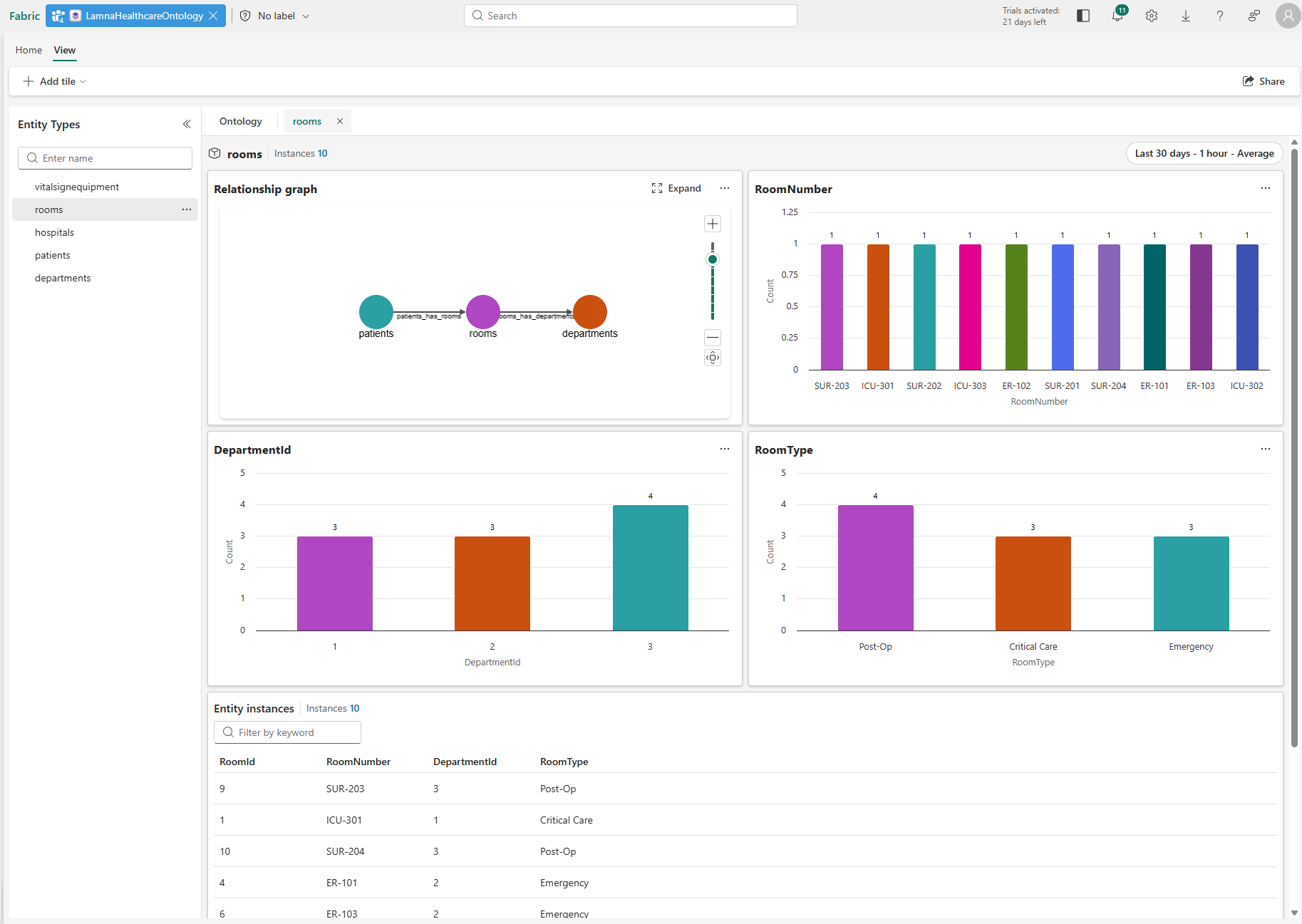 Screenshot showing Room entity type overview with relationship graph, property charts, and entity instances table