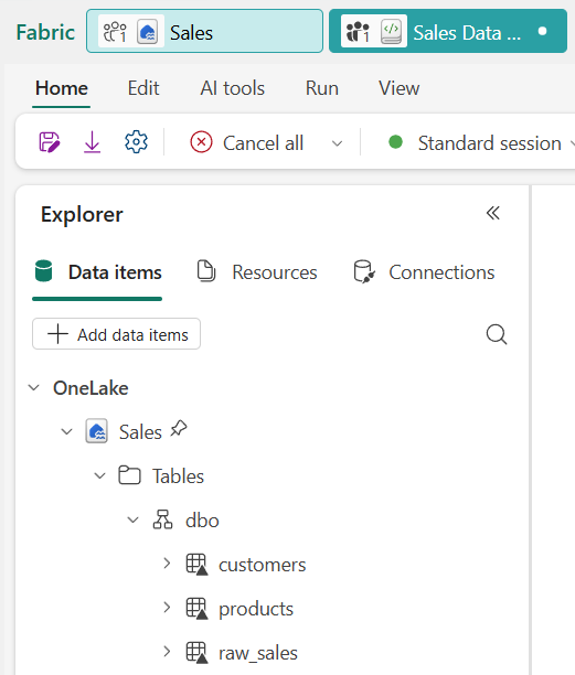 Screenshot of the new tables in the Sales lakehouse.