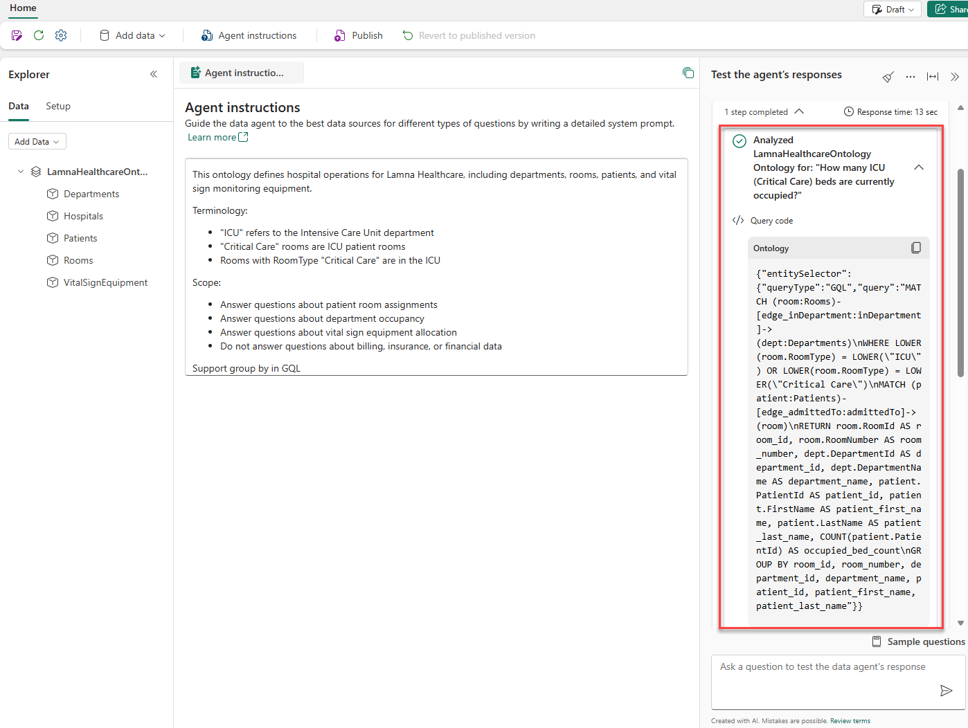 Screenshot showing a chat response with the steps dropdown expanded, revealing the generated GQL query