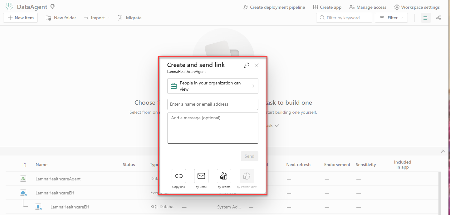 Screenshot showing the Create and send link dialog with Copy link, by Email, and by Teams options