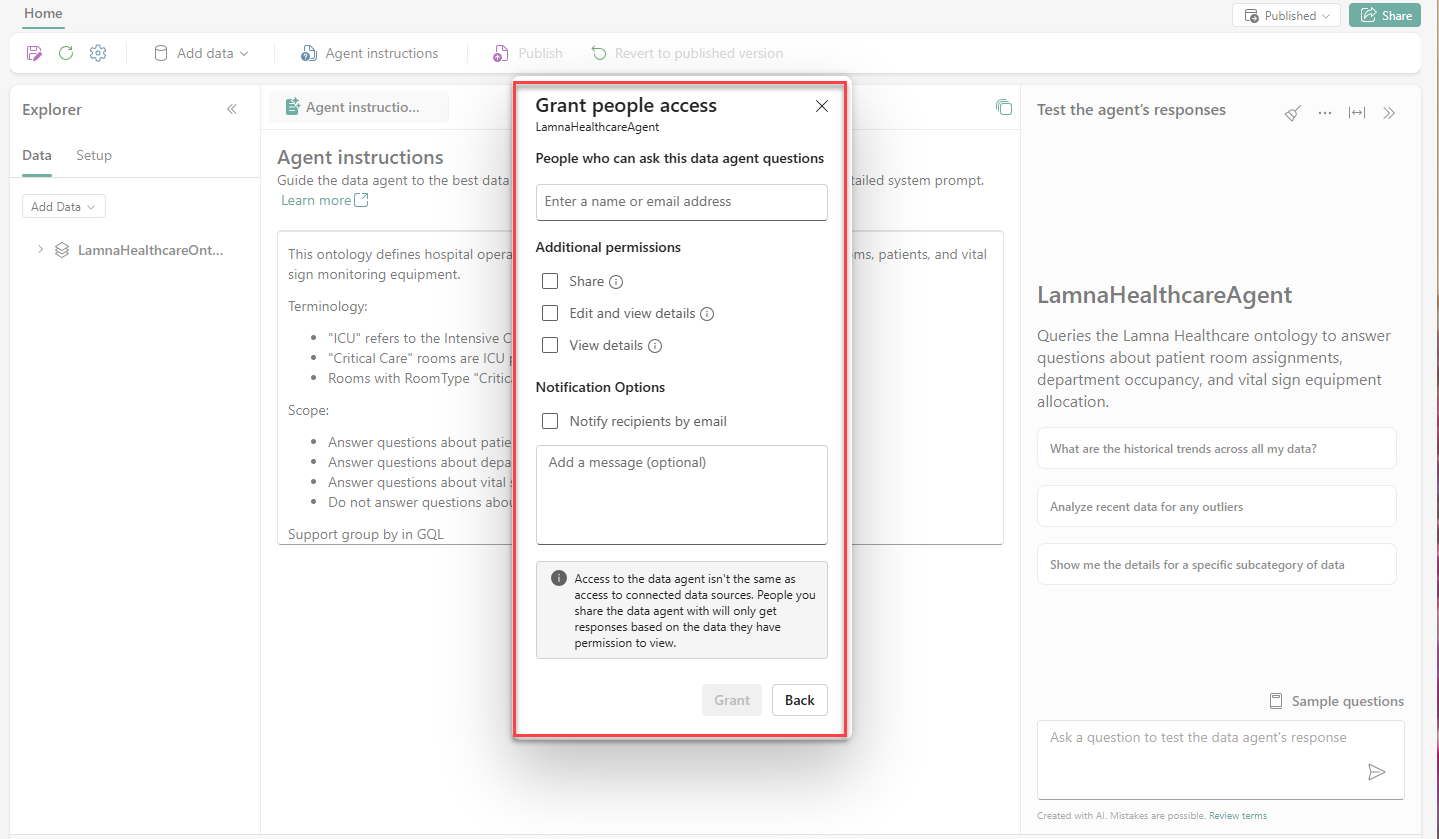 Screenshot showing the Grant people access dialog for sharing the data agent