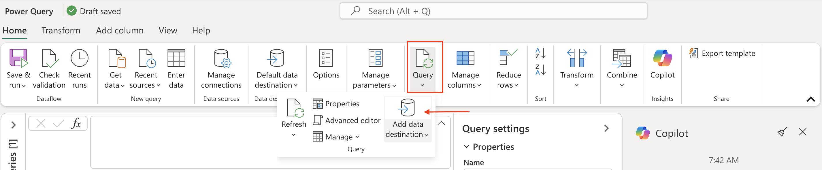 Screenshot of the Ribbon, highlighting the Add Data destination option.