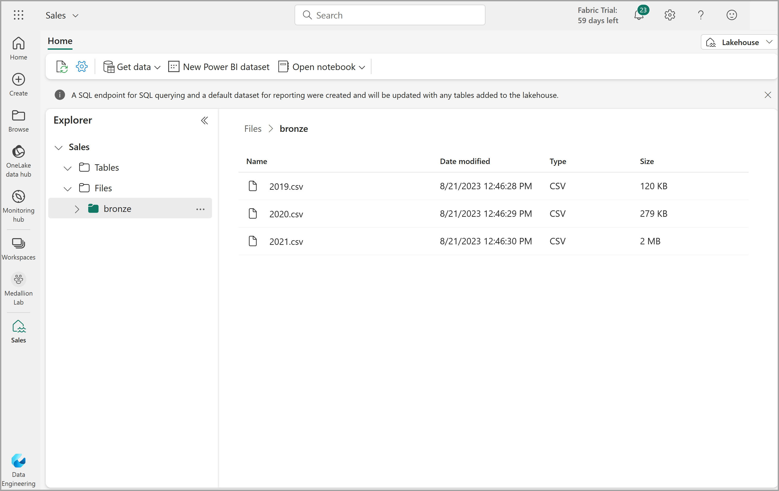 Screenshot of uploaded products.csv file in a lakehouse.