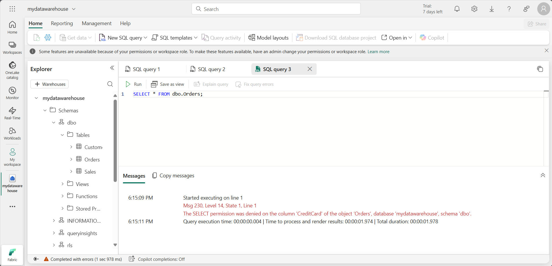 Screenshot of the Orders table query with error.