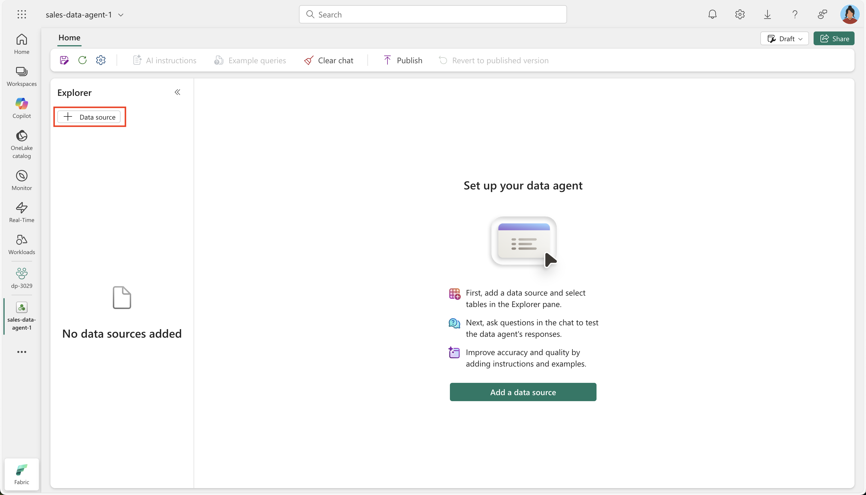 Screenshot of data agent created.