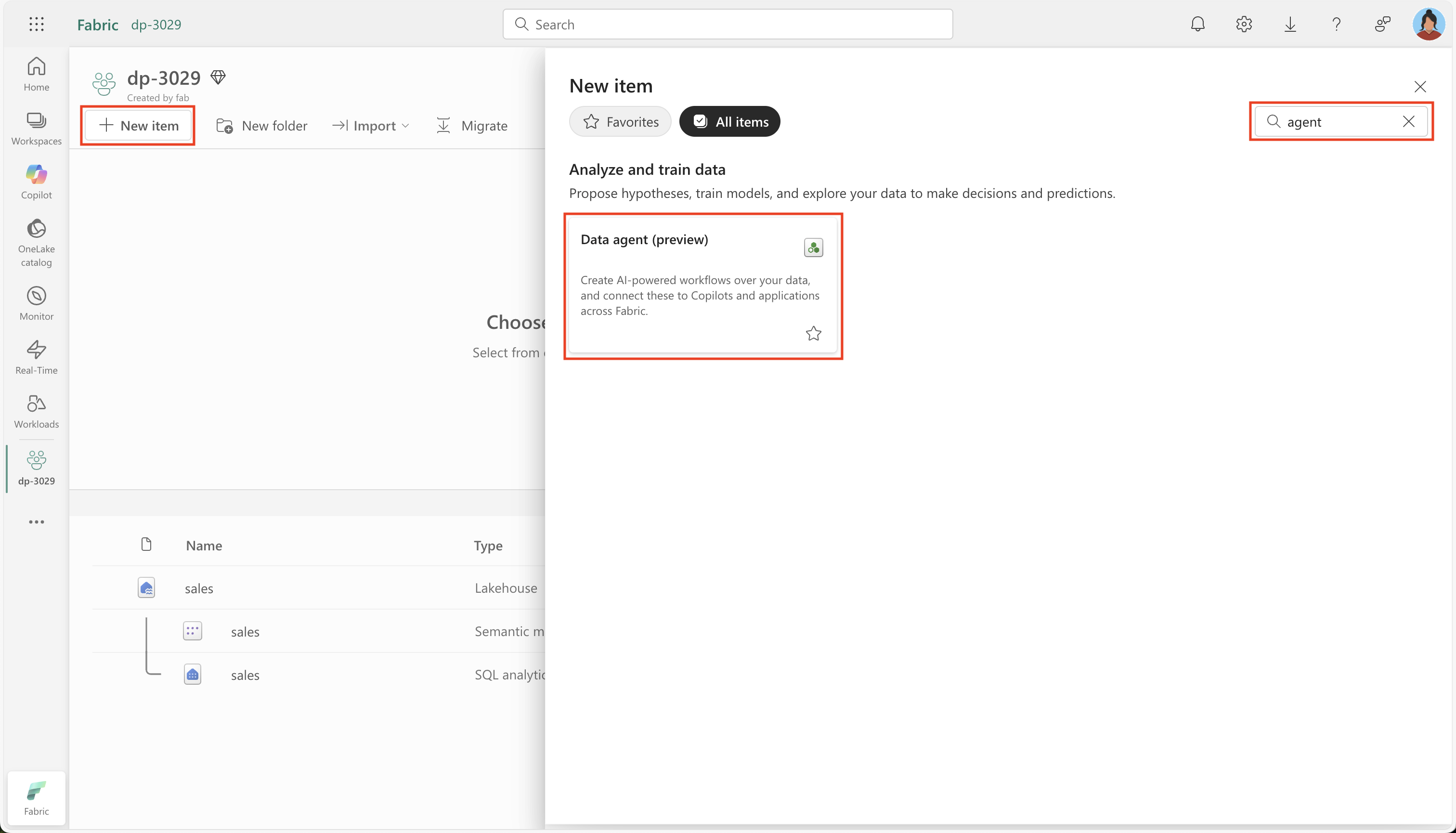 Screenshot of creating a new data agent